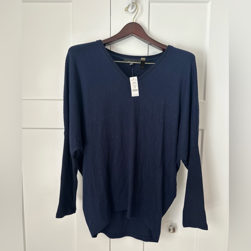 White House‎ Black Market Ribbed Dolman V-Neck Navy Tunic Sweater NWT